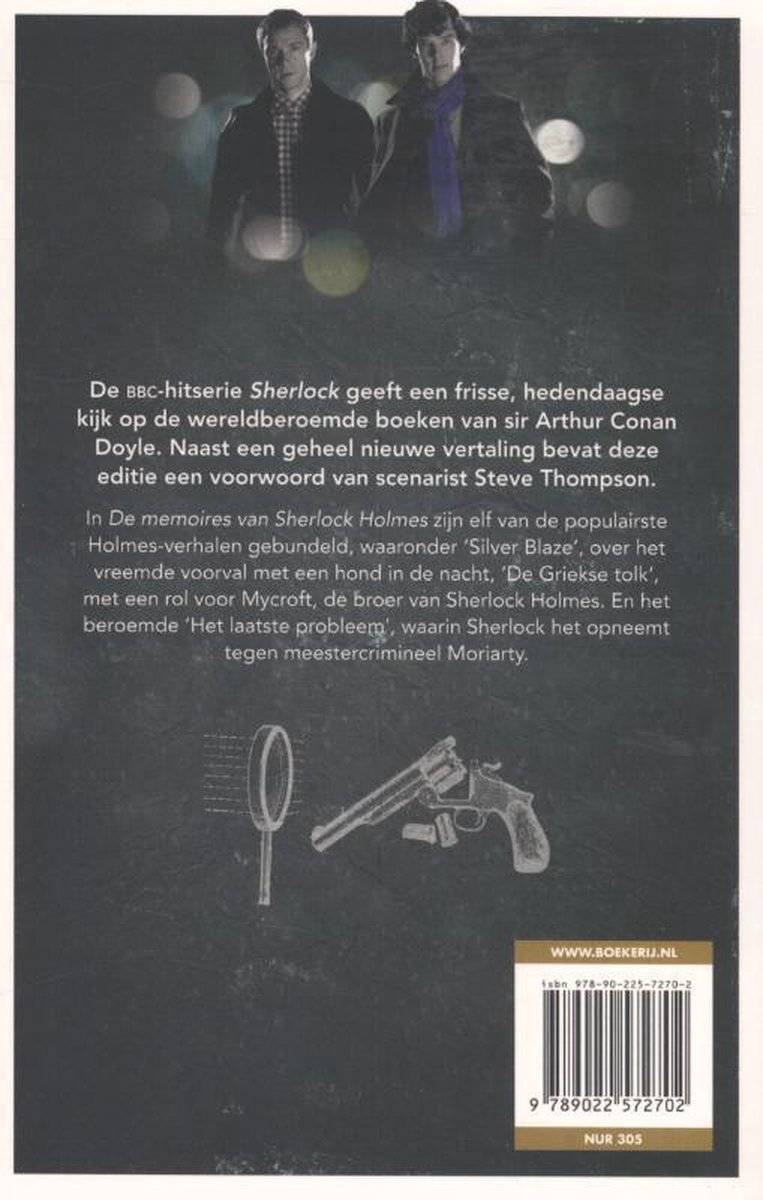 Achterkant boek 'De memoires van Sherlock Holmes'. Met illustraties van een vergrootglas en revolver. Tekst over de BBC-serie en de inhoud.