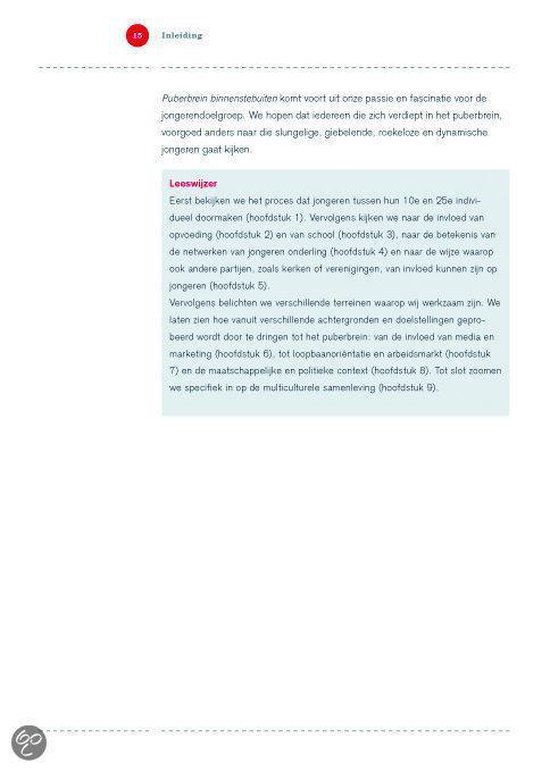 Tekstpagina met kop "Leeswijzer" en een opsomming van hoofdstukken.