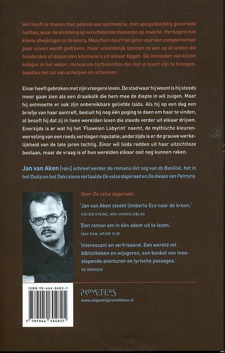 Portret van de auteur Jan van Aken, met bril en snor. Titel: Het Fluwele Labyrint.