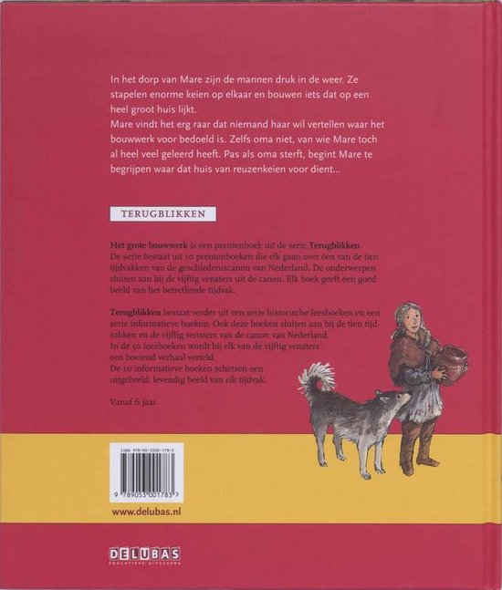Een meisje met een wolfshond, op een roze achtergrond. Tekst over het boek.