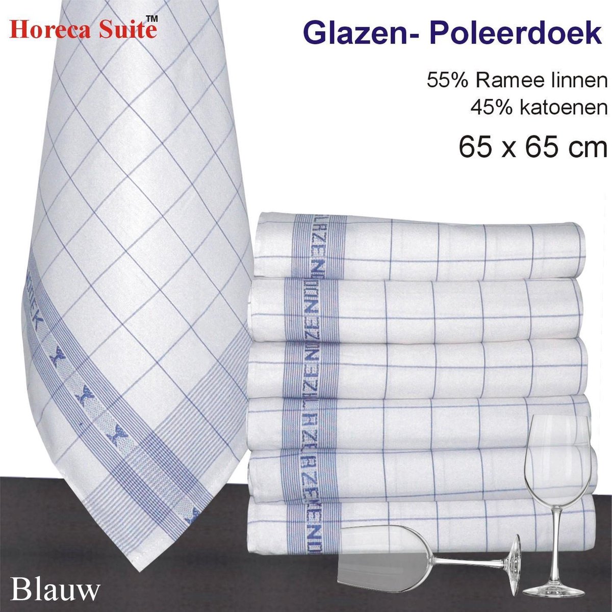 Homéé® Glazendoek - Poleerdoeken jacquard Blauw ruiten 65x65cm - set van 6 stuks - 50% Ramee linnen 50% katoen