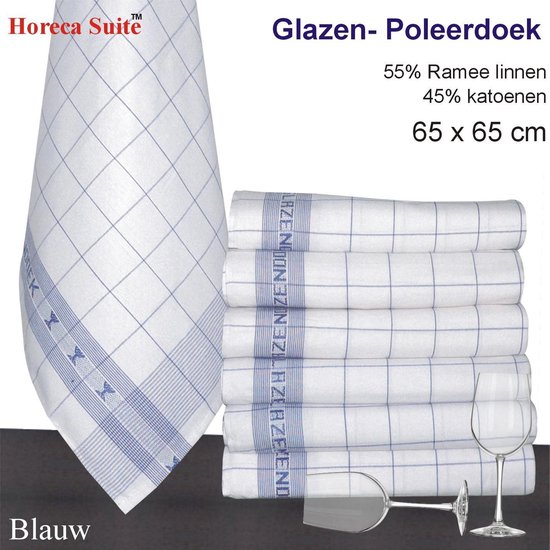 Blauw geruite glazenpoetsdoek met de tekst 'Horeca Suite' en een rasterpatroon. Afmeting 65 x 65 cm.
