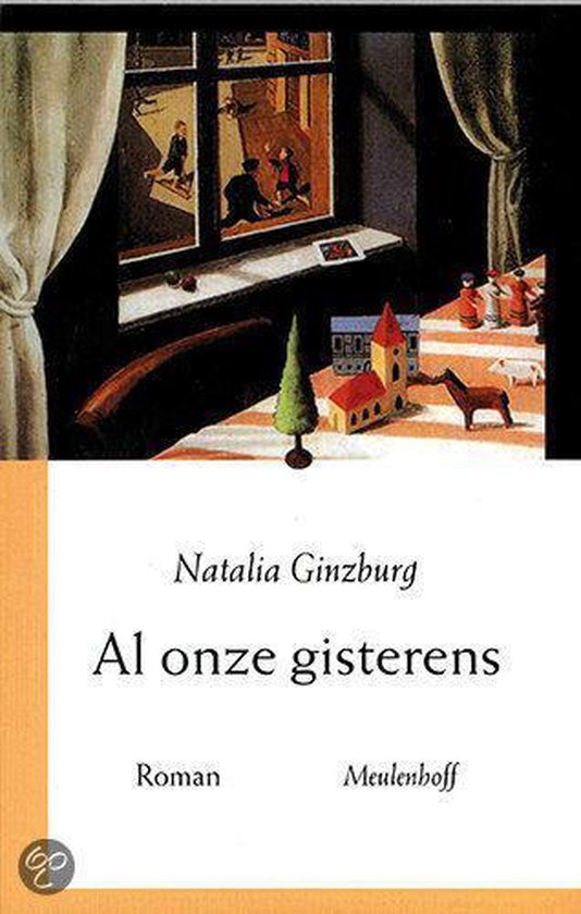 Boekcover van 'Al onze gisteren' van Natalia Ginzburg, met een illustratie van een kinderspeelgoedtafel.