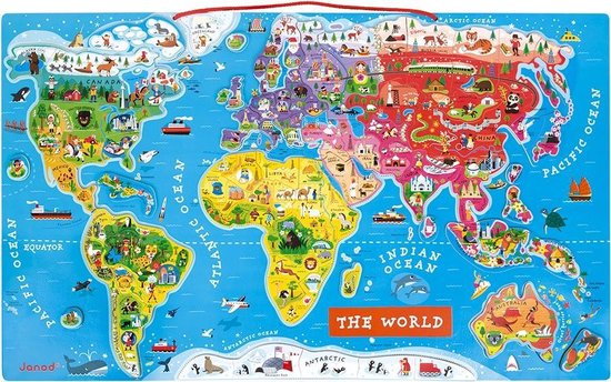 Carte du monde magnétique avec des illustrations colorées d'animaux, de bâtiments et de transports par pays. Inclut 92 aimants.