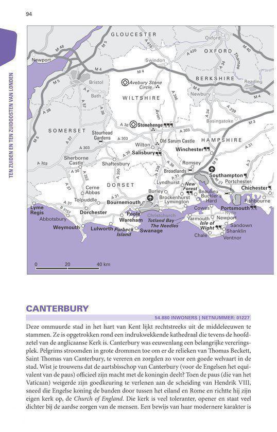 Kaart van Zuid-Engeland met Canterbury gemarkeerd. Een tekst over Canterbury wordt getoond.