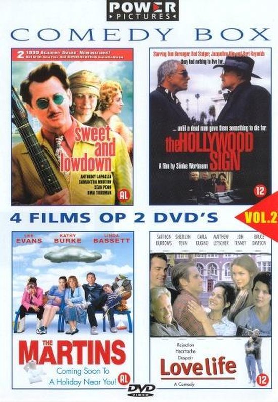 Kijkdoos met 4 komediefilms op 2 dvd's: "Sweet and Lowdown", "The Hollywood Sign", "The Martins" en "Love life".