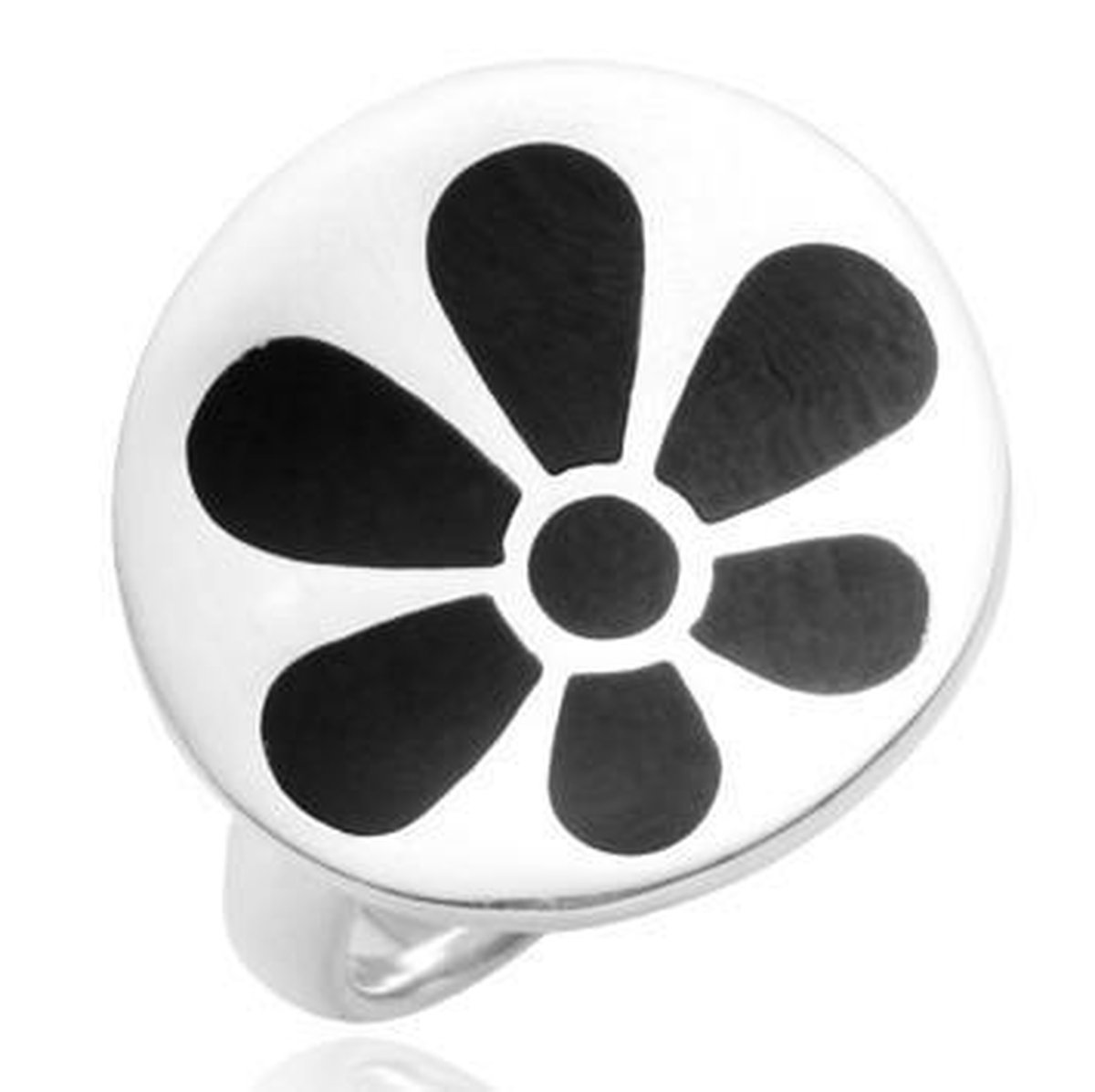 Mbrace Zilveren Ring Dames - Statement Ring met Zwarte Onyx Bloem - 925 Sterling Zilver - Uniek en subtiel hol gebogen Ronde ring - Maat 18.5 mm