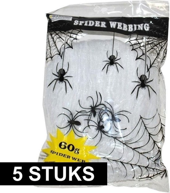 Bermad Kwade trouw Uitstekend Halloween - 5x Wit spinnenweb met spinnen 60 gr - Halloween/horror thema  decoratie | bol.com