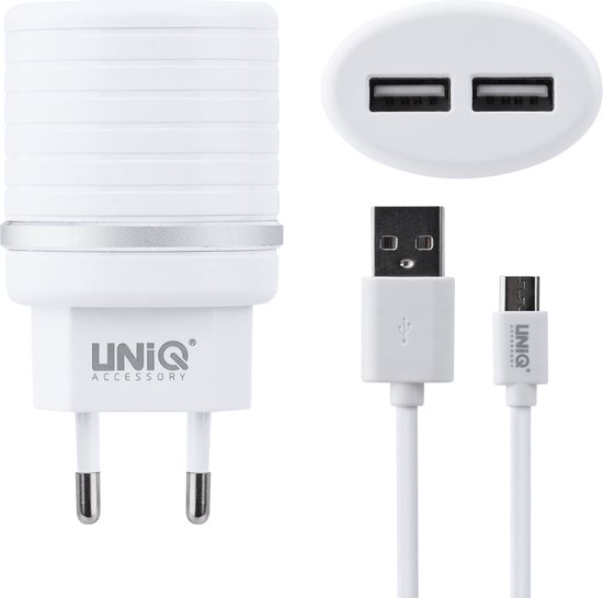 Chargeur Double Entrée USB-A 2.4A Câble Micro USB Blanc