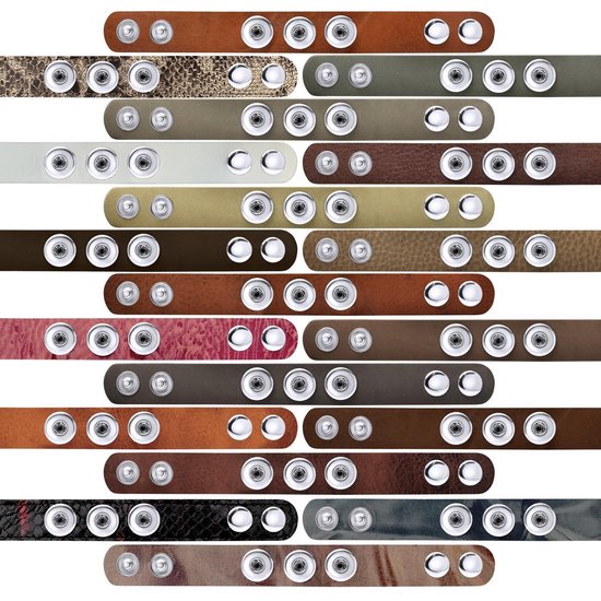 Collage van leren bandjes in verschillende kleuren en patronen, elk met zilverkleurige drukknoppen.
