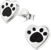 Joy|S - Zilveren kat hond dierenpoot hartje oorbellen 8 x 7 mm poot zwart