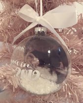 Kerstbal met echofoto ⭒ Gepersonaliseerde kerstbal ⭒ Eerste kerst, zwanger ⭒ Transparant glas ⭒ 8 cm ⭒ tekst in: wit, zwart, lichtblauw, lichtroze, bordeauxrood, zilver, goud, rosé goud, zwar