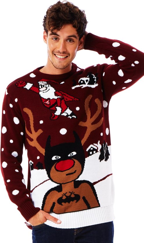 Foute Kersttrui Dames & Heren - Christmas Sweater "SuperKerstman & z'n BatRendier" - Kerst trui Mannen & Vrouwen Maat S