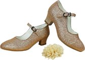 Goud glitter Prinsessen Communie schoenen Spaanse schoenen met hakken + GRATIS bloemclips (maat 35 - 22,5cm)
