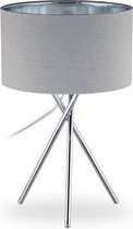 Relaxdays driepoot lamp - tripod - stoffen lampenkap - rond - woonkamerlamp - grijs - tafellamp