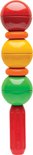 Op elkaar gestapelde rode, gele en groene Stick-O ballen, met oranje ringen ertussen en een rode staaf onderaan.