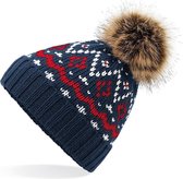 Senvi Luxe Bont PomPom Beanie - Kleur Blauw/Rood/Wit