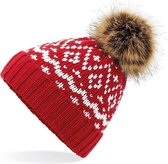 Senvi Luxe Bont PomPom Beanie - Kleur Rood/Wit