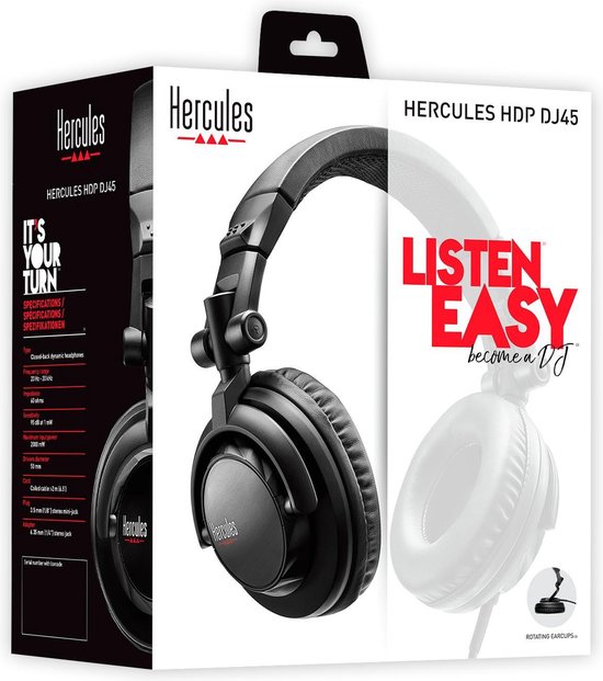Kartonnen verpakking van Hercules HDP DJ45 koptelefoon, met afbeelding van de koptelefoon en tekst 'LISTEN EASY'.
