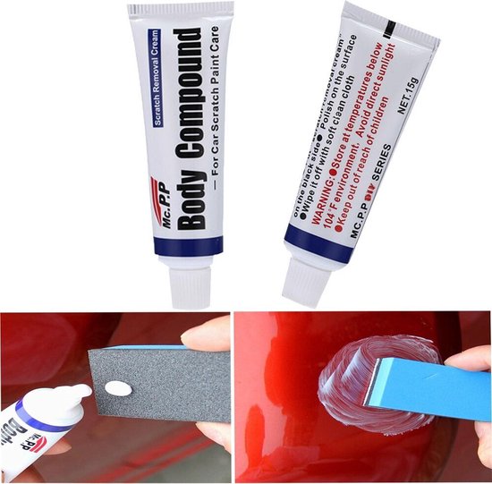 Set met "Body Compound" tube en spons, met voorbeelden van gebruik op een rode auto.