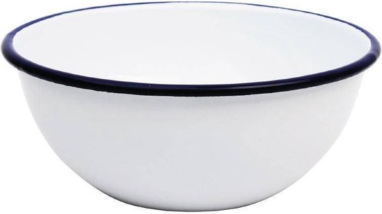 Witte geëmailleerde schaal met blauwe rand.