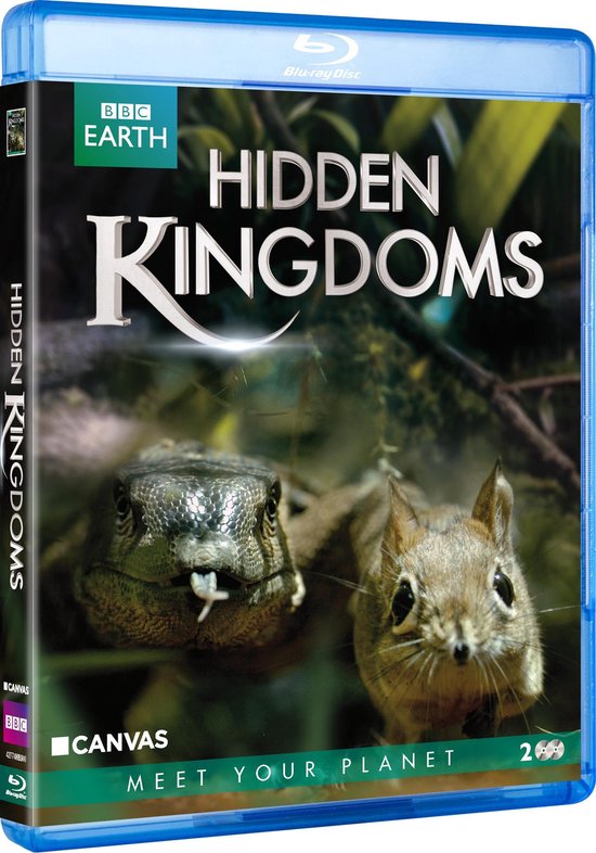 Blu-ray hoes met een close-up van een hagedis en een eekhoorn, met de tekst "HIDDEN KINGDOMS" en "MEET YOUR PLANET".