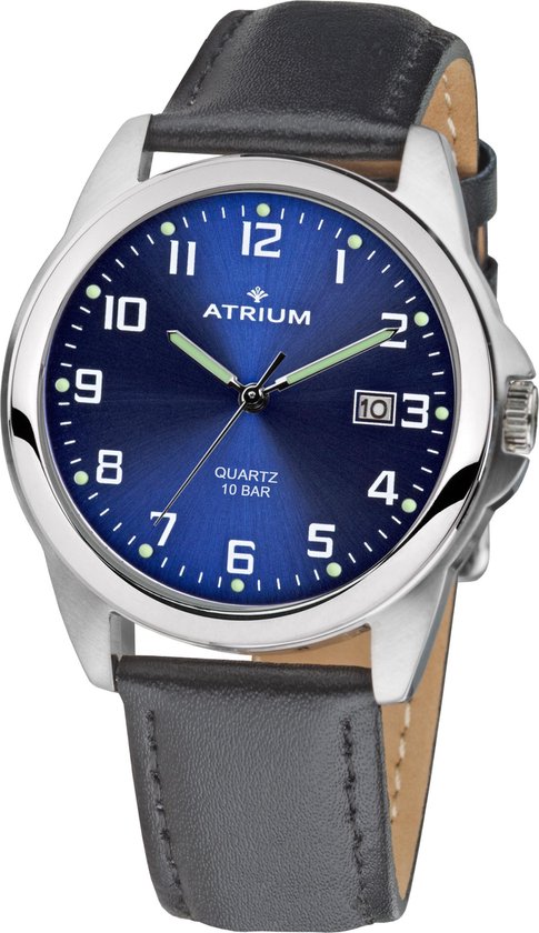 ATRIUM Horloge - Heren - 10 bar Waterdicht - Donkerblauw / Zilver - Edelstaal - Zwarte Leren Polsband (16-21 cm.) - Datumvermelding - Quartz Uurwerk - Edelstalen Sluiting - A16-15