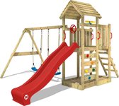 WICKEY speeltoestel klimtoestel MultiFlyer met houten dak, schommel & rode glijbaan, outdoor klimtoren voor kinderen met zandbak, ladder & speel-accessoires voor de tuin