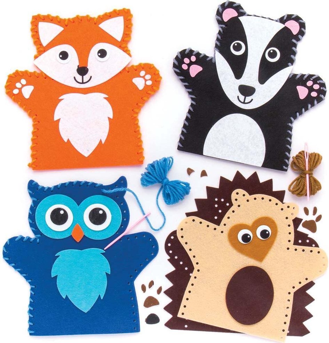 Naaisets met handpoppen van bosdieren (4 stuks per verpakking) Hobby- en knutselmaterialen voor kinderen - Baker Ross