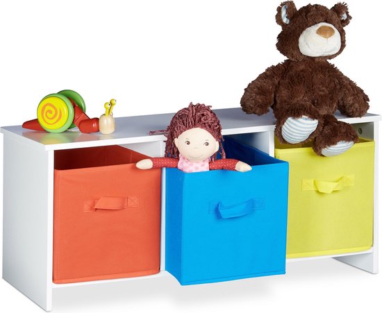 Relaxdays speelgoedkast ALBUS - houten speelgoedrek - met stoffen opbergdozen - opbergrek
