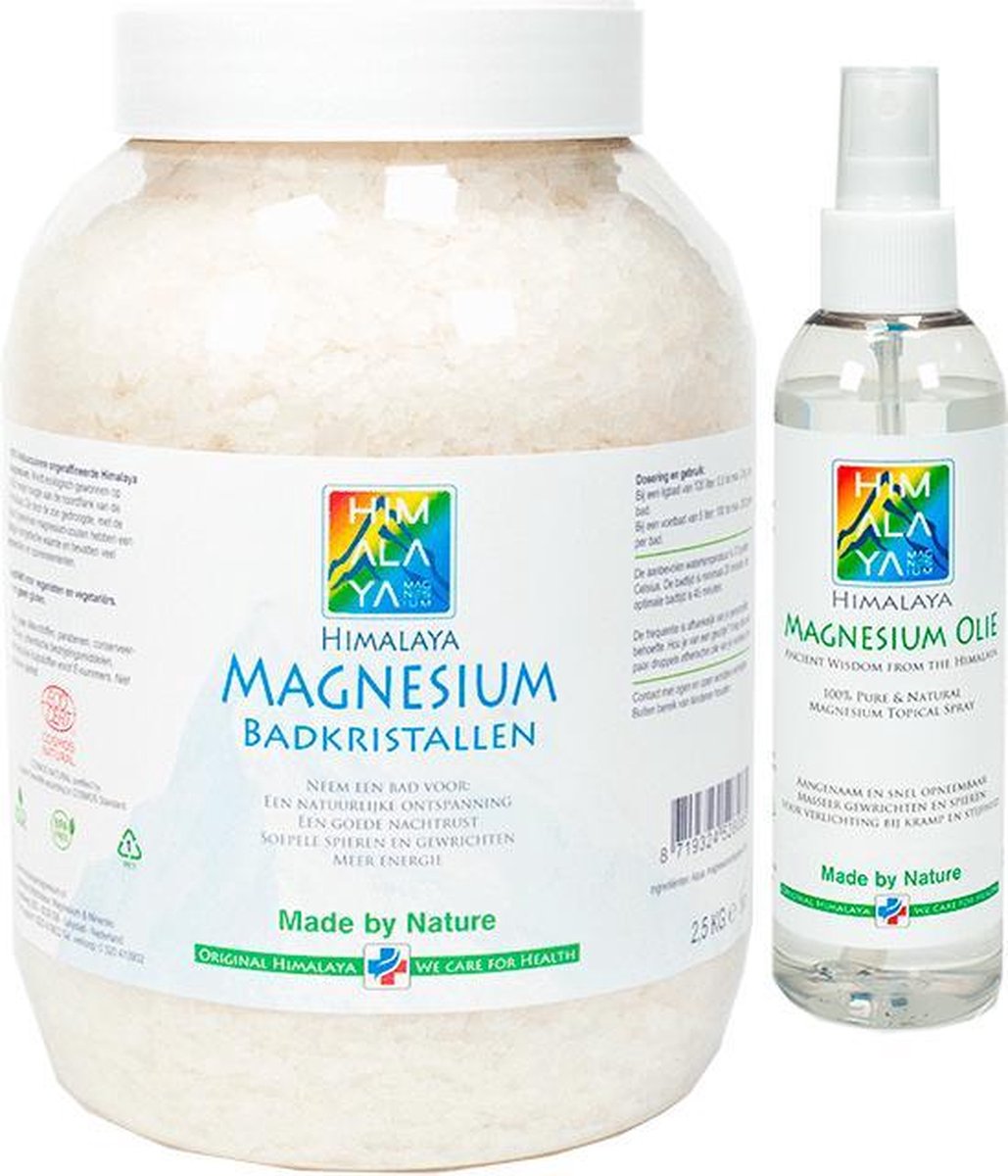 Magnesiumolie spray 200 ml en Magnesium vlokken-badkristallen 2,5 kg van Himalaya magnesium | Food kwaliteit |Magnesiumchloride voor spieren