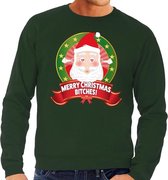 Foute kersttrui / sweater - groen - Kerstman met hartjes ogen Merry Christmas Bitches heren S (48)