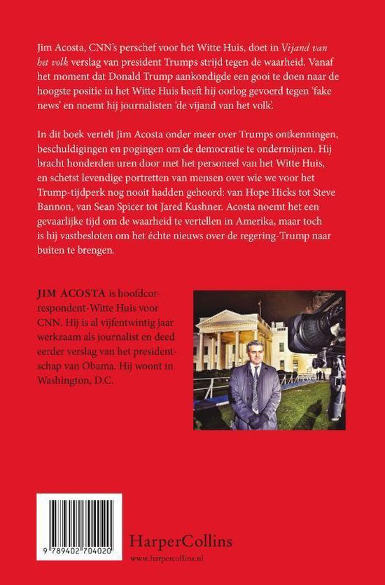 Achterkant boek: Jim Acosta in pak voor het Witte Huis, met tekst en ISBN.