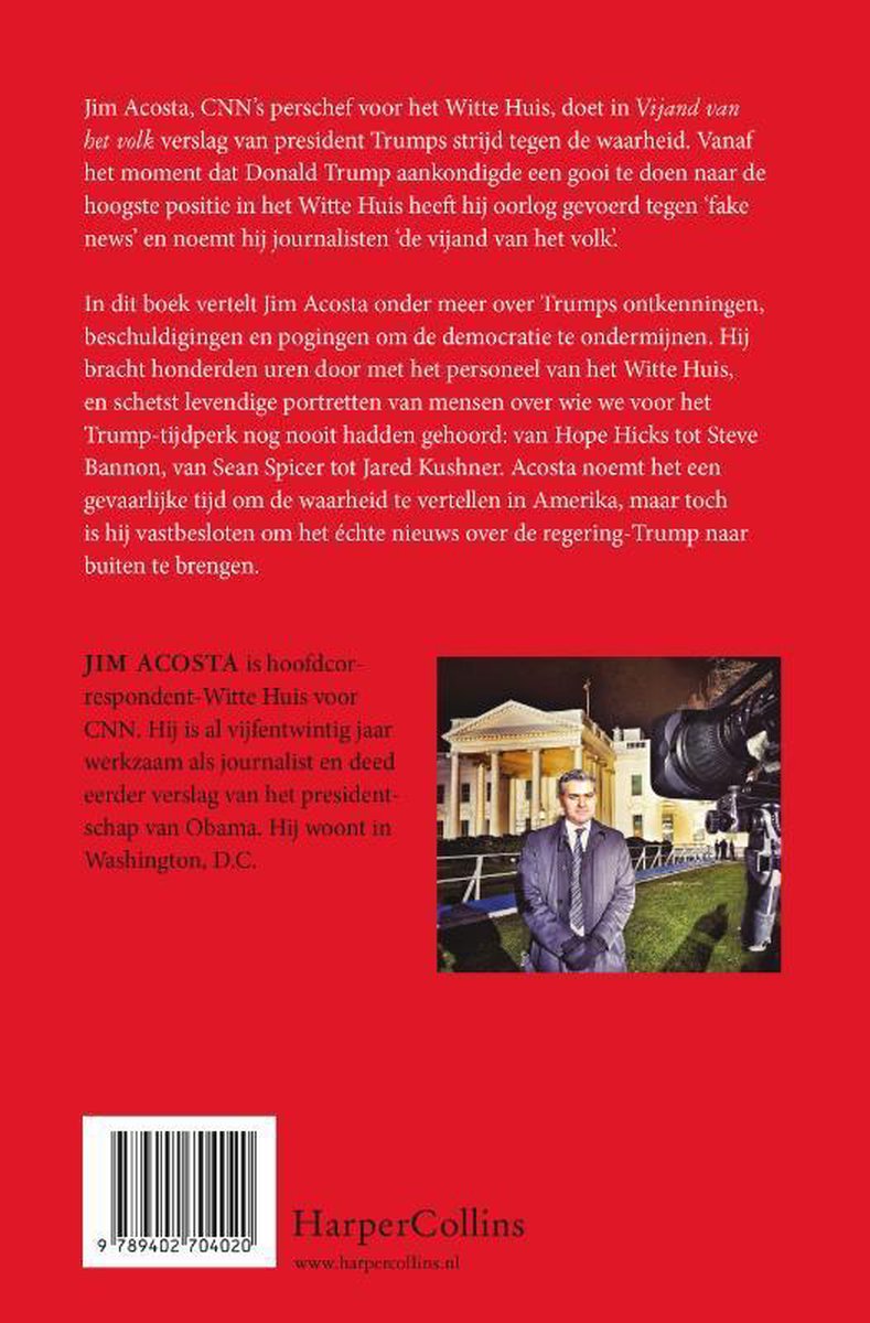 Achterkant boek: Jim Acosta in pak voor het Witte Huis, met tekst en ISBN.