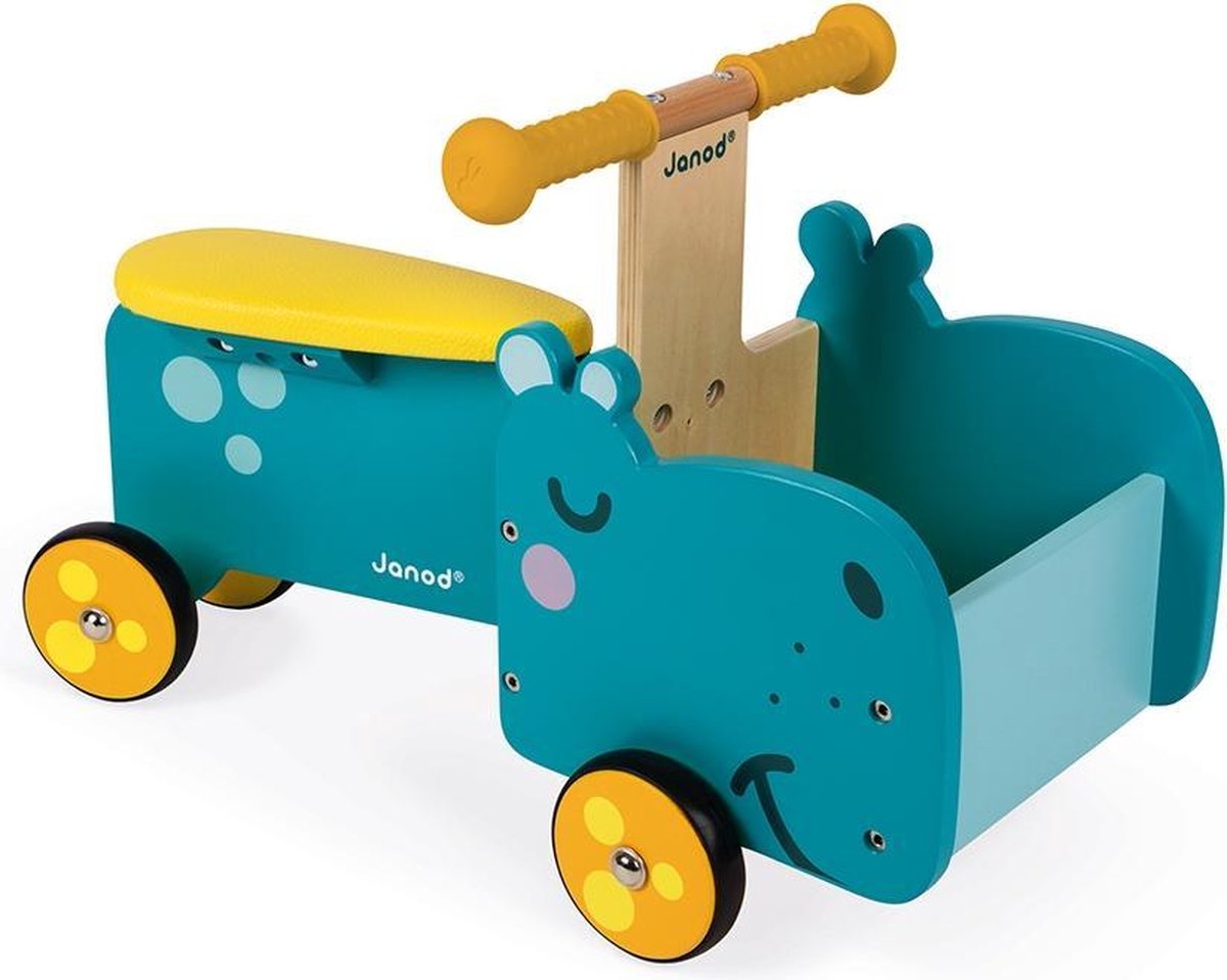 Janod - Nijlpaard Ride-On Houten Bakfiets - Loopfiets Met Ergonomische Handgrepen En Stille Wielen - Geschikt Vanaf 1 Jaar