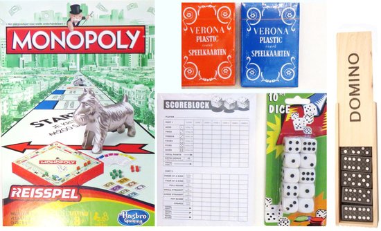 Boek: Vakantie Reis spelletjes pakket. Spel Monopoly reis editie – Domino - Yatzee score kaarten – 10 dobbelstenen – 2 pakken speelkaarten., geschreven door Hasbro