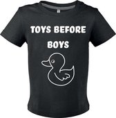 Zwart Baby shirtje "Toys before boys" Eend 6mnd