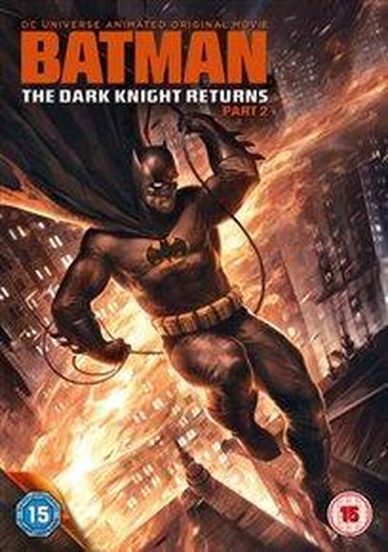 Batman in zijn donkere kostuum met gele riem, vliegend met zijn cape en bat-grijper. Vuur en gebouwen op de achtergrond.