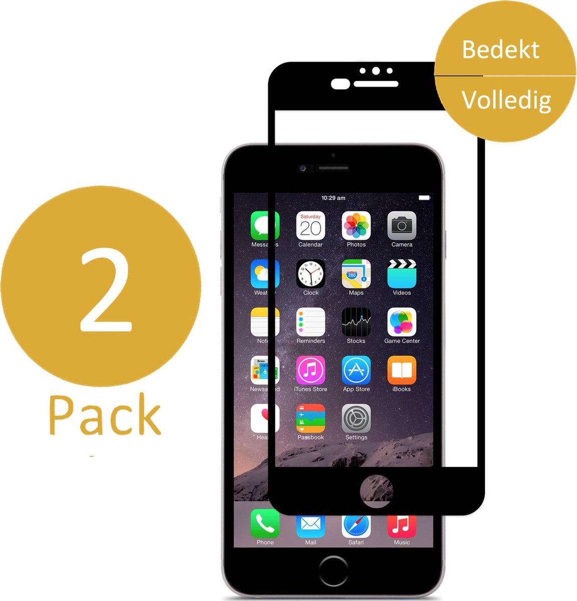 2x Screenprotector geschikt voor Apple iPhone 6 / 6s - Full Screen Rand tot Rand Tempered Glass Screenprotector Transparant met Zwart Carbon Bezel 3D 9H (Gehard Glas Screen Protector) - Arch / Arched