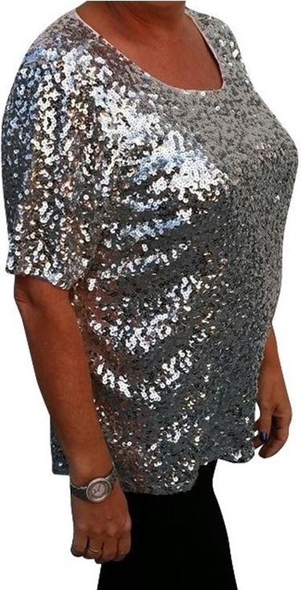 halfrond blouse de wind is sterk Grote maten zilveren glitter pailletten disco shirt dames XL | bol.com
