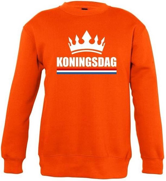 Oranje Koningsdag met kroon sweater kinderen 9-11 jaar (134/146)