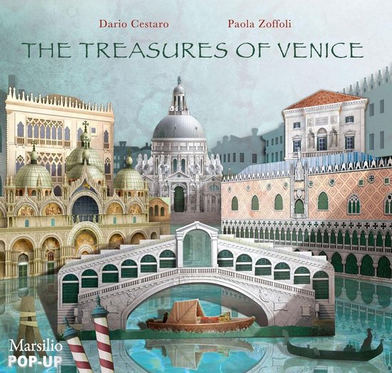 Boek 'The Treasures of Venice' met pop-up afbeeldingen van Venetiaanse architectuur, bruggen en kanalen.