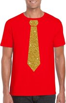 Rood fun t-shirt met stropdas in glitter goud heren L