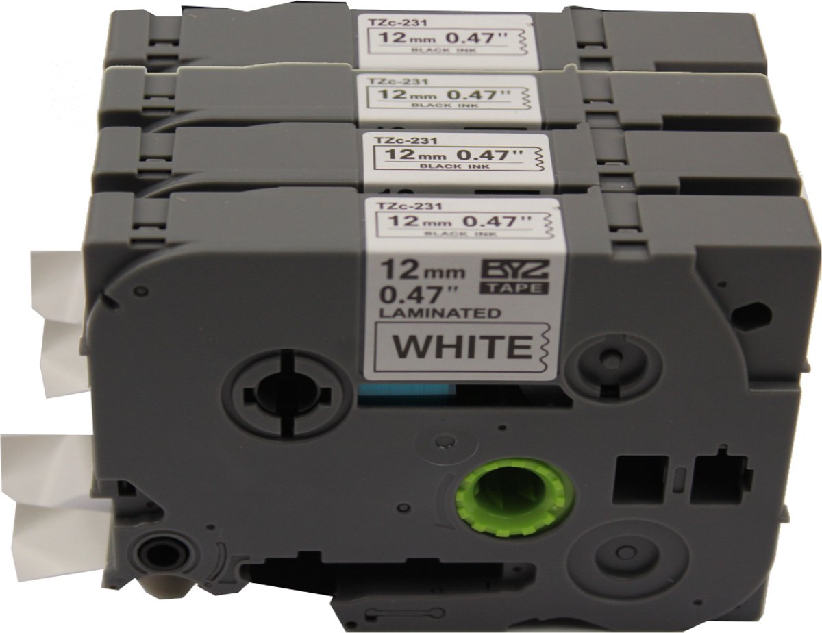 KATRIZ® huismerk label tape voor Brother TZe-231| GL-100/PT-1100CH/PT-1700/PT-H100/PT-D200 | Zwart op Wit | 12mm*8m | 4 stuks