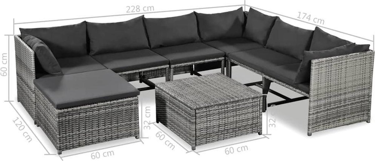 Tuin Loungeset (INCL deken)Grijs 24delig Rattan met TAFEL