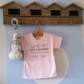 Shirtje baby roze meisje tekst papa eerste vaderdag cadeau |  Als het niet mag van mama vraag ik het aan mijn papa | Lange of korte mouw | licht roze met grijs | maat 56
