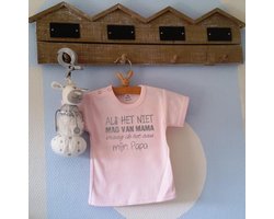 Shirtje baby roze meisje tekst papa eerste vaderdag cadeau |  Als het niet mag van mama vraag ik het aan mijn papa | Lange of korte mouw | licht roze met grijs | maat 56