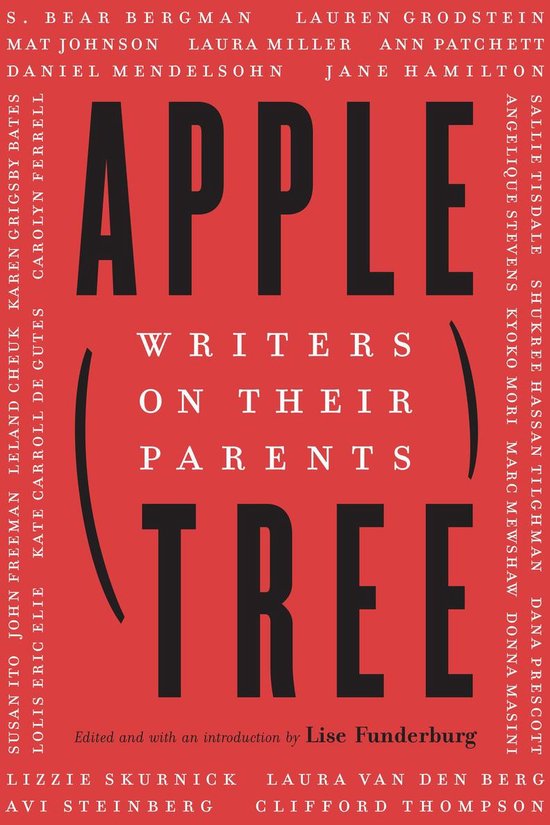 Boekomslag met de titel "Apple Tree" in grote zwarte letters op een rode achtergrond. Lijsten met namen van auteurs staan aan de zijkanten.