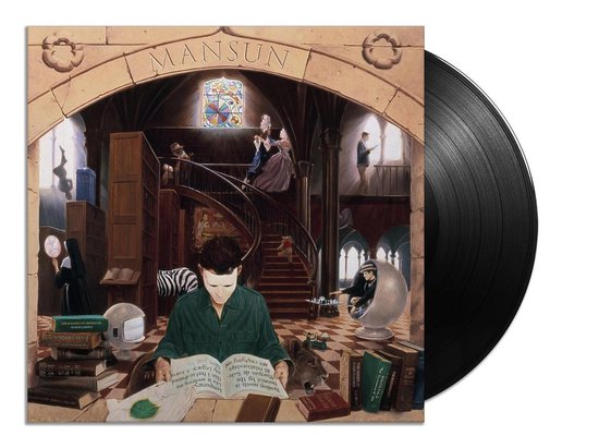 Albumhoes met de titel 'Mansun'. Een jongeman leest een boek, omringd door een bibliotheek, een trap en verschillende personages.