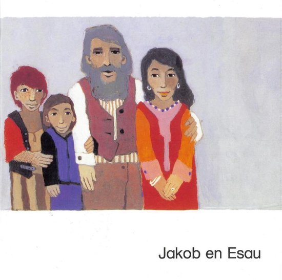 Illustratie van Jakob en Esau, een gezin van vier met vader, moeder en twee kinderen, met de tekst 'Jakob en Esau'.